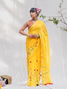 Suta - Yellow Mul Cotton Floral Saree with Unstitched Blouse