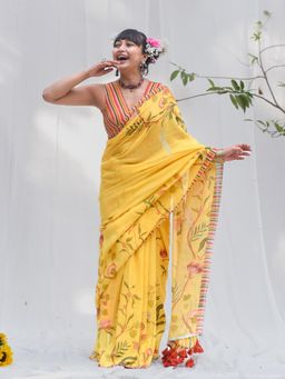 Suta - Soft Yellow Bird Print Saree with Unstitched Blouse