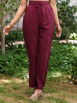 ARAMYA - Wine Viscose Solid Palazzo for Women