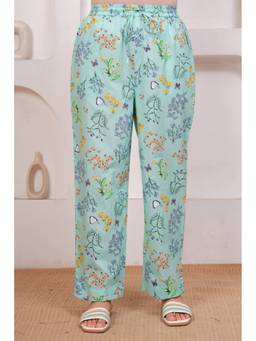 ARAMYA - Sea Green Soft Cotton Floral Pant for Women