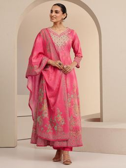 Libas - Pink Embroidered Sweetheart Anarkali Kurta Pant with Dupatta
