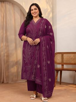 Extra love by Libas - Burgundy Embroidered V-Neck Kurta Pant with Dupatta