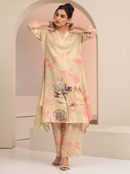 Libas - Beige Floral V-Neck Kurta & Palazzo