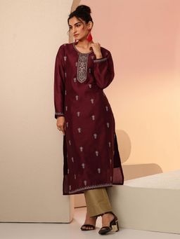 Libas - Maroon Embroidered Round Neck Kurta & Pant