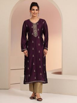 Libas - Burgundy Embroidered Round Neck Kurta & Pant