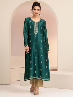 Libas - Green Embroidered Round Neck Kurta & Pant