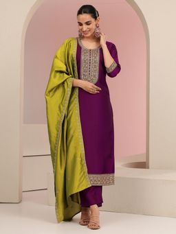 Libas - Burgundy Embroidered Round Neck Kurta Pant with Dupatta