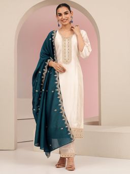 Libas - Cream Embroidered Round Neck Kurta Pant with Dupatta