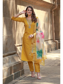 DISHWA FASHION - Yellow Floral Round Neck Kurta Pant with Dupatta