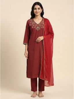 Bcz Style - Maroon Solid/Plain V-Neck Kurta Pant with Dupatta