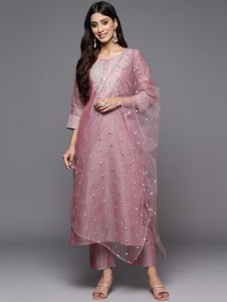 DISHWA FASHION - Pink Embroidered Round Neck Kurta Pant with Dupatta