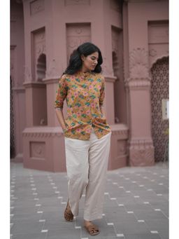 Do Dhaage - Mustard Floral Mandarin Neck Shirt