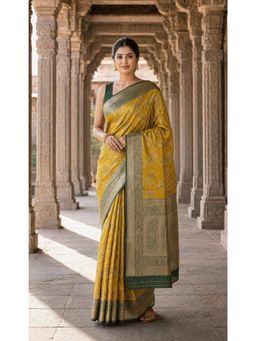Anjaneya Sarees - Yellow Woven Zari Saree with Unstitched Blouse