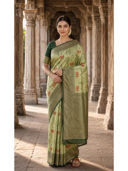 Anjaneya Sarees - Green Woven Zari Saree with Unstitched Blouse
