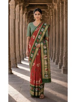 Anjaneya Sarees - Red Woven Zari Saree with Unstitched Blouse