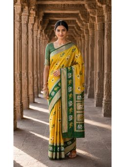 Anjaneya Sarees - Yellow Woven Zari Saree with Unstitched Blouse