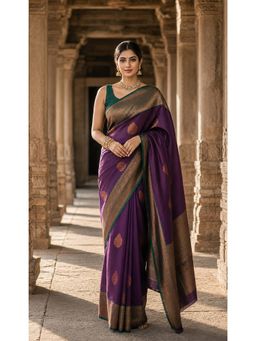 Anjaneya Sarees - Purple Woven Zari Saree with Unstitched Blouse