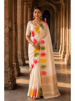 Anjaneya Sarees - White Woven Zari Saree with Unstitched Blouse
