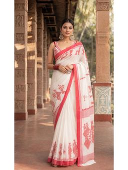 Anjaneya Sarees - White Printed Saree with Unstitched Blouse