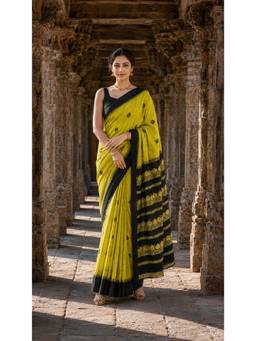 Anjaneya Sarees - Green Printed Saree with Unstitched Blouse