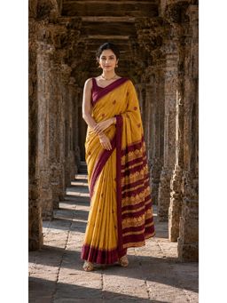 Anjaneya Sarees - Mustard Printed Saree with Unstitched Blouse