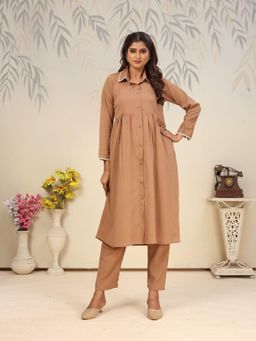 Odette - Brown Solid/Plain Collar Neck Co-ord Set