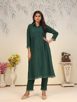 Odette - Green Solid/Plain Collar Neck Co-ord Set