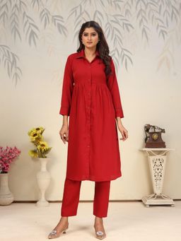 Odette - Maroon Solid/Plain Collar Neck Co-ord Set