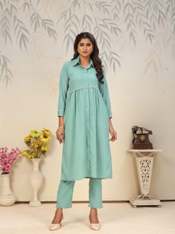 Odette - Green Solid/Plain Collar Neck Co-ord Set