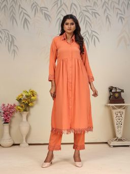 Odette - Orange Solid/Plain Collar Neck Co-ord Set