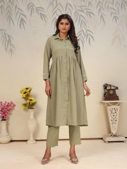 Odette - Green Solid/Plain Collar Neck Co-ord Set