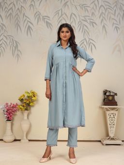 Odette - Blue Solid/Plain Collar Neck Co-ord Set