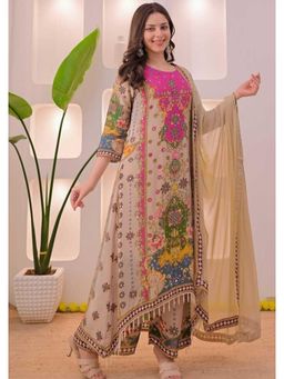 DISHWA FASHION - Beige Floral Round Neck Kurta Palazzo with Dupatta