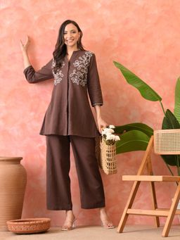 M MARCH LABEL - Brown Embroidered Mandarin Neck Co-ord Set