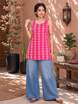 MYSHKA - Pink Printed Round Neck Tunic