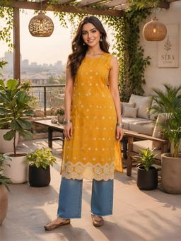 MYSHKA - Mustard Embroidered Round Neck Kurta