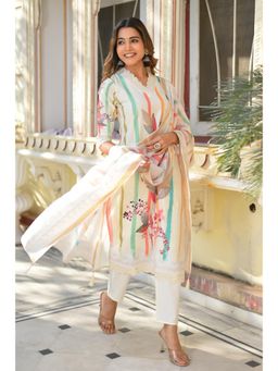 DISHWA FASHION - White Floral V-Neck Kurta Pant with Dupatta