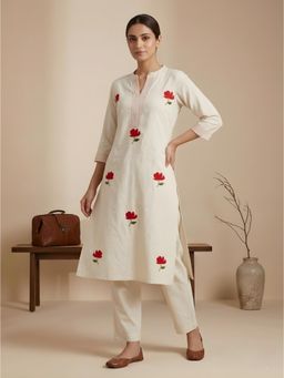 DISHWA FASHION - Beige Floral Mandarin Neck Kurta & Pant