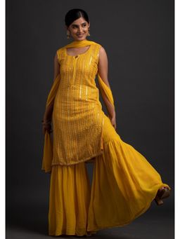 DISHWA FASHION - Yellow Embroidered Round Neck Kurta Sharara with Dupatta