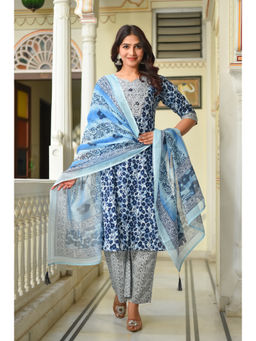 DISHWA FASHION - Blue Floral Round Neck Kurta Pant with Dupatta