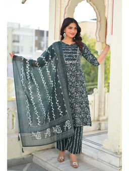 DISHWA FASHION - Green Floral Round Neck Kurta Pant with Dupatta