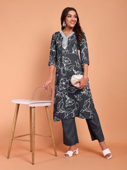 DISHWA FASHION - Grey Floral V-Neck Kurta & Pant