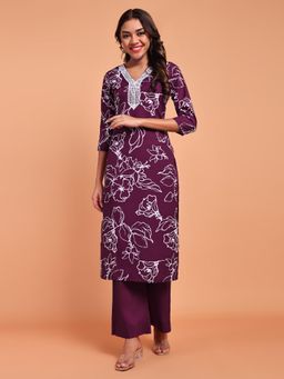 DISHWA FASHION - Wine Floral V-Neck Kurta & Pant