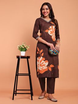 DISHWA FASHION - Brown Floral V-Neck Kurta & Pant
