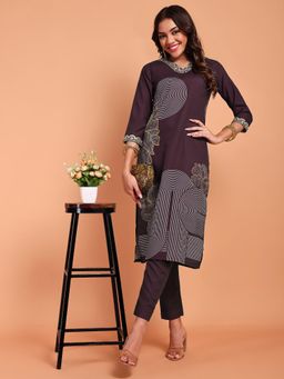 DISHWA FASHION - Wine Embroidered V-Neck Kurta & Pant