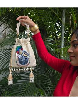 Adwita - White Shreenathji Potli Bag with Detachable Straps