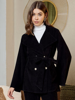 Mabish By Sonal Jain - Black Double Breasted Blazer with Belt (Set of 2)