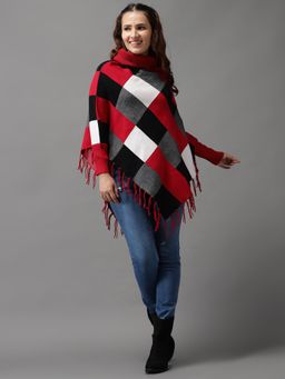 SHOWOFFFF - Womens Long Sleeves Longline Red Colourblocked Poncho