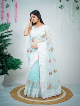 Odette - Sky Blue Organza Embroidered Saree with Unstitched Blouse