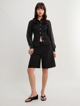 Pomelo - Sheer Sleeve Tailored Button Blouse Top - Black